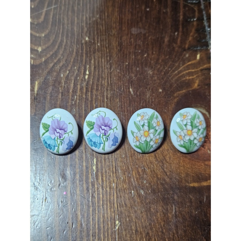Vintage Porcelain Cabochon Stud Post Earrings Floral Sweet Pea Daffodil Lot